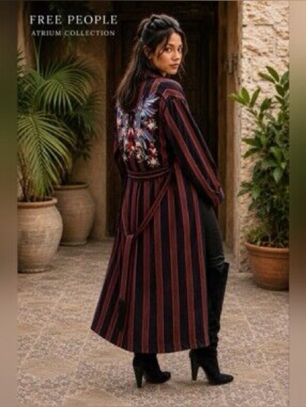NWT Free People Atrium Striped Embroidered Hummingbird Duster navy Marin XS